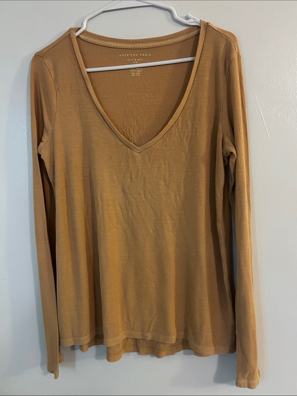 American Eagle Outfitters Ribbed V-Neck Long Sleeve Top in Camel